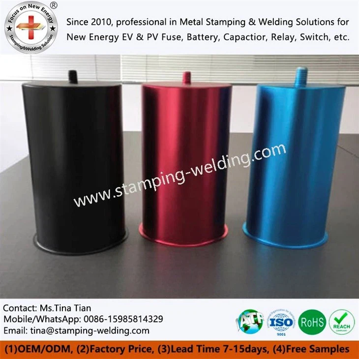 Cylindrical anodized color-plated aluminum shell of capacitor